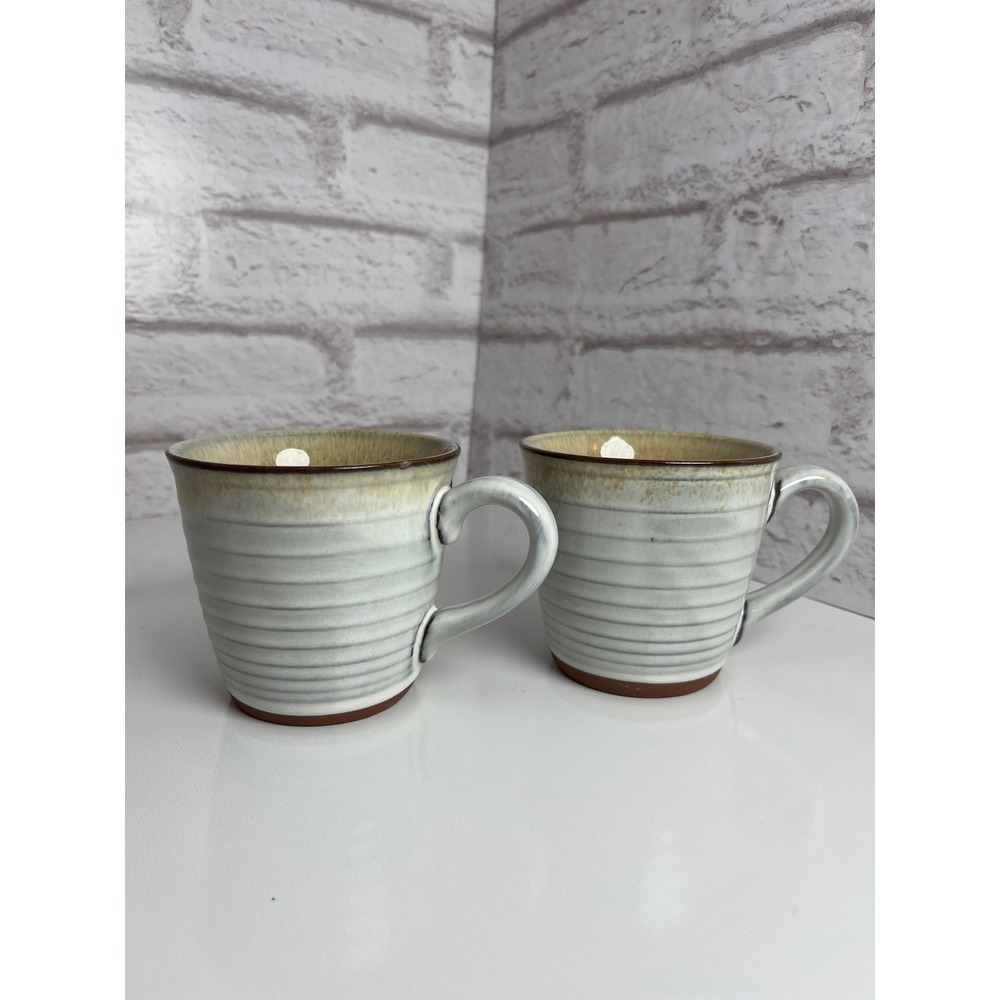 Laurie Gates Stoneware Mugs Set of 2 Ribbed Reactive Glaze Tan Cream Coffee